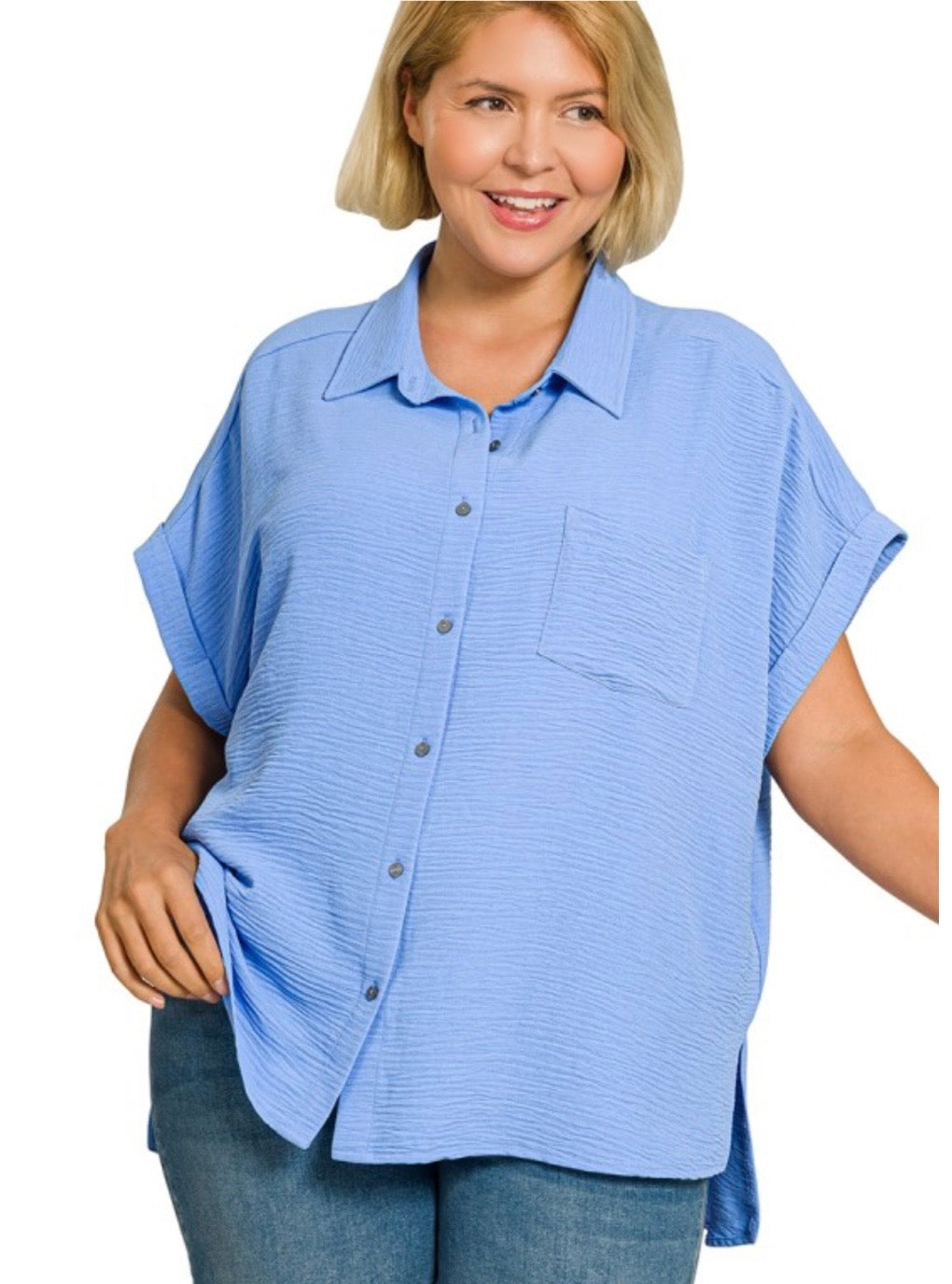A Curvy Sleeveless Button Up