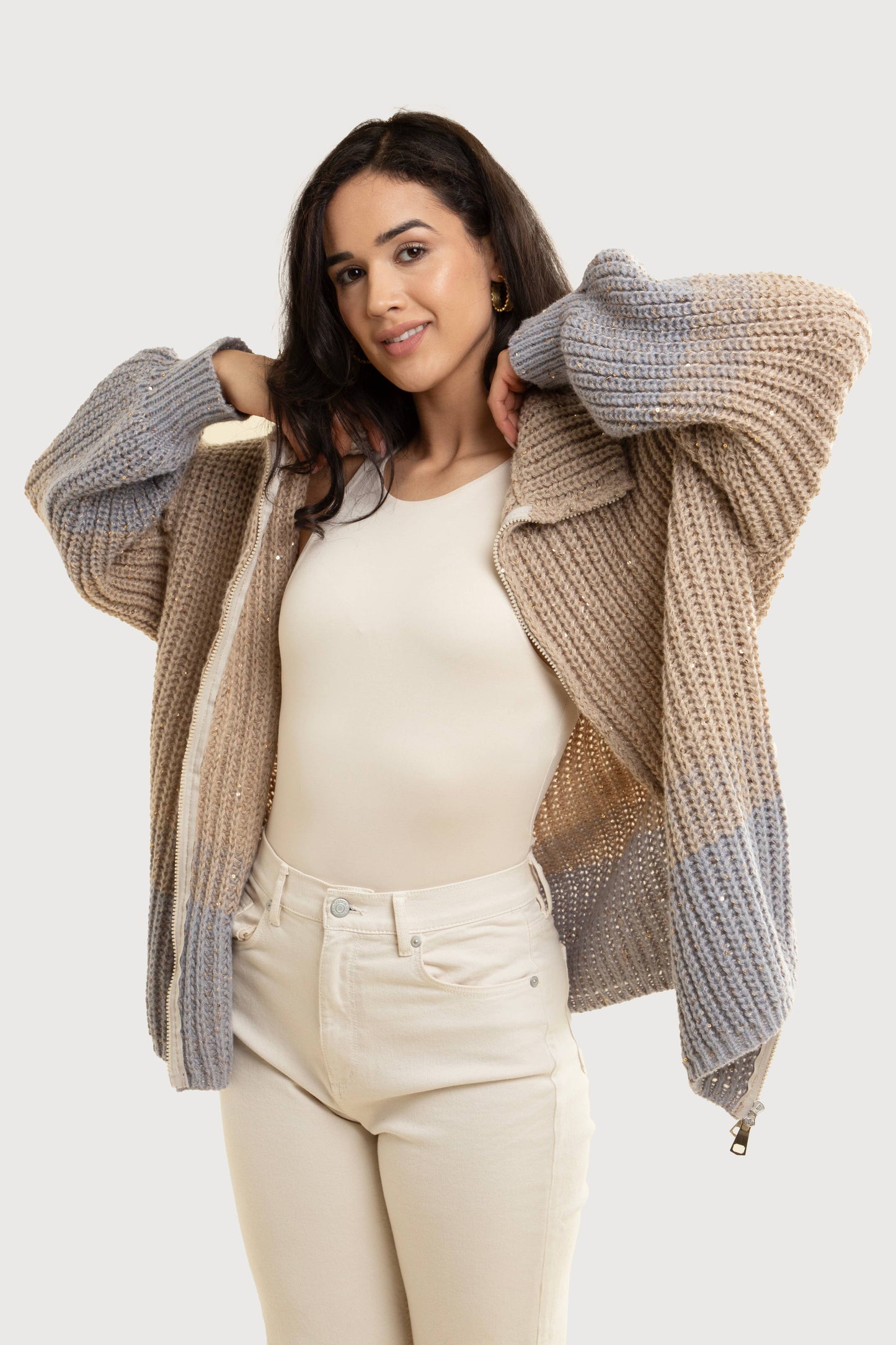 A Zip Up Sequin Cardigan