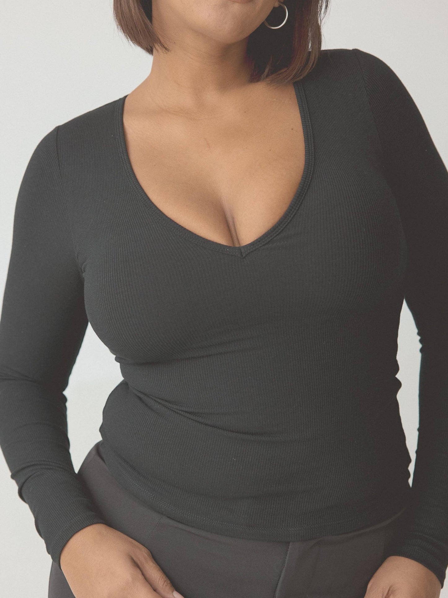 A Braless Deep V Long Sleeve Tee