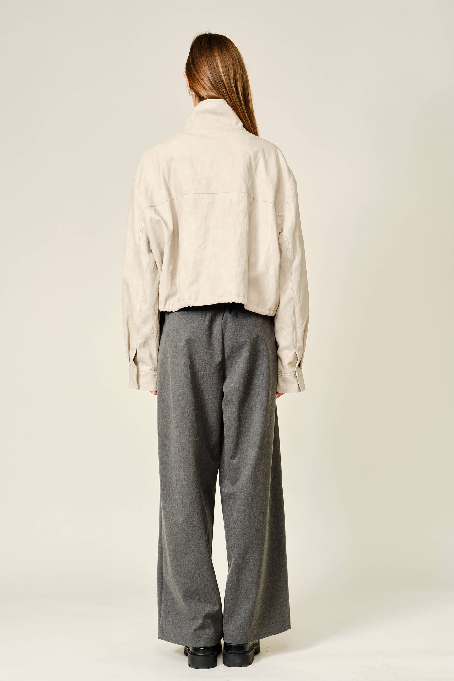 AJJ6432 VEGAN LEATHER TURTLENECK BOMBER JACKET