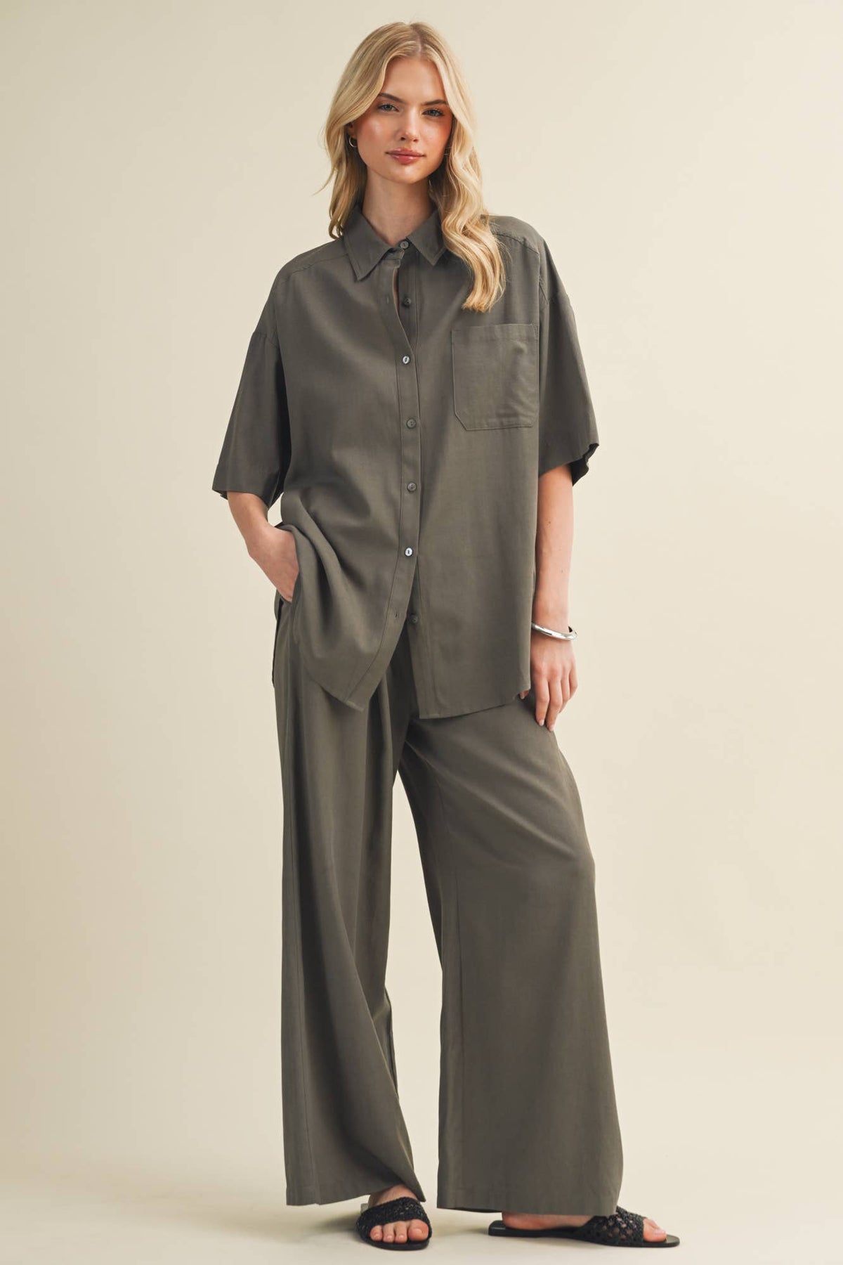 A Drawstring Wide-Leg Trousers (SET)