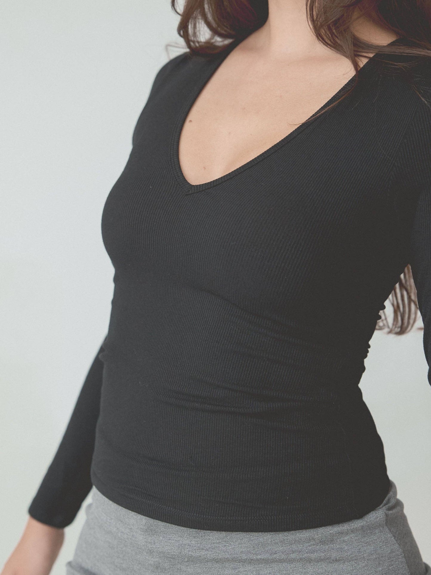 A Braless Deep V Long Sleeve Tee