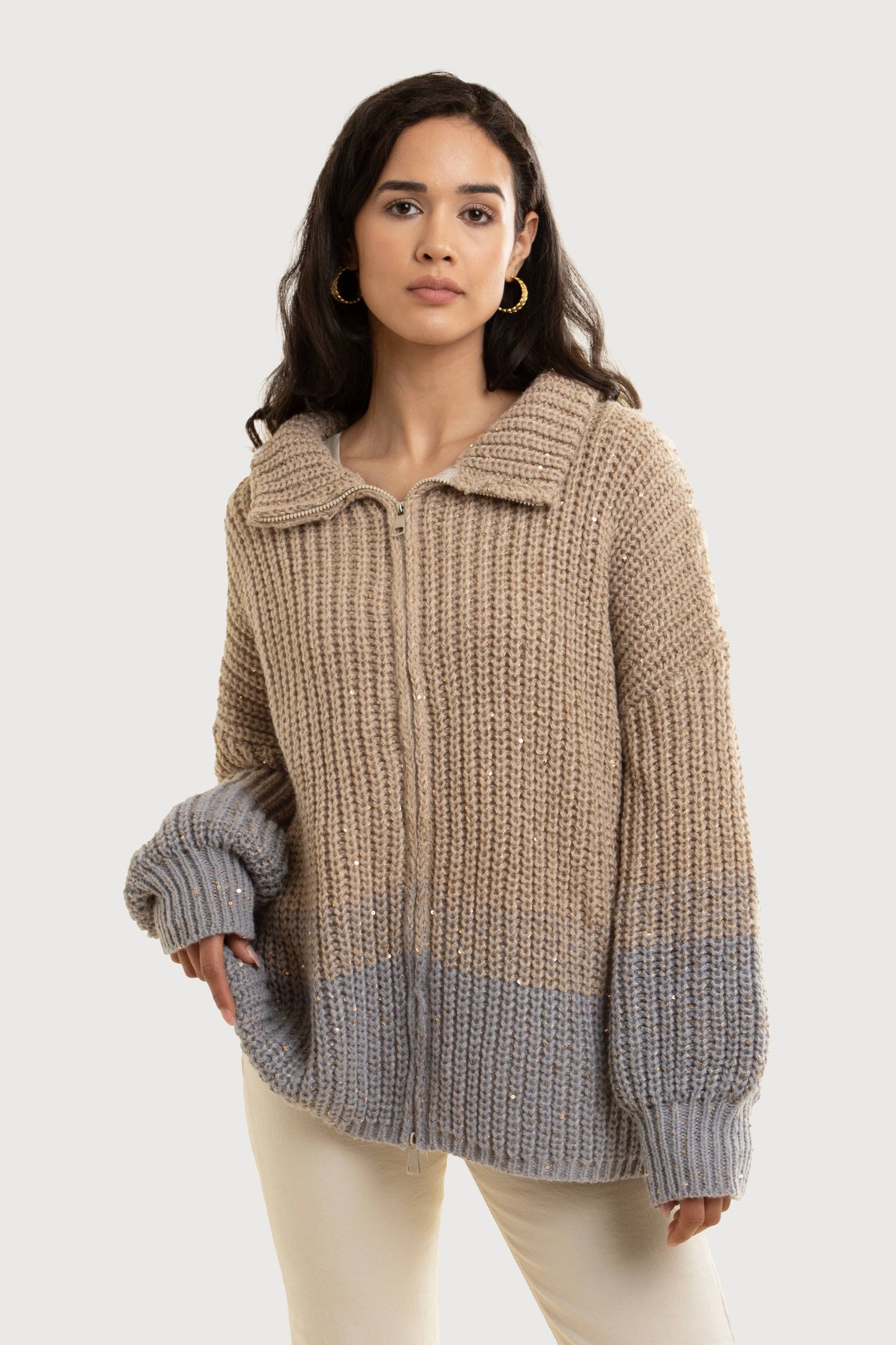 A Zip Up Sequin Cardigan