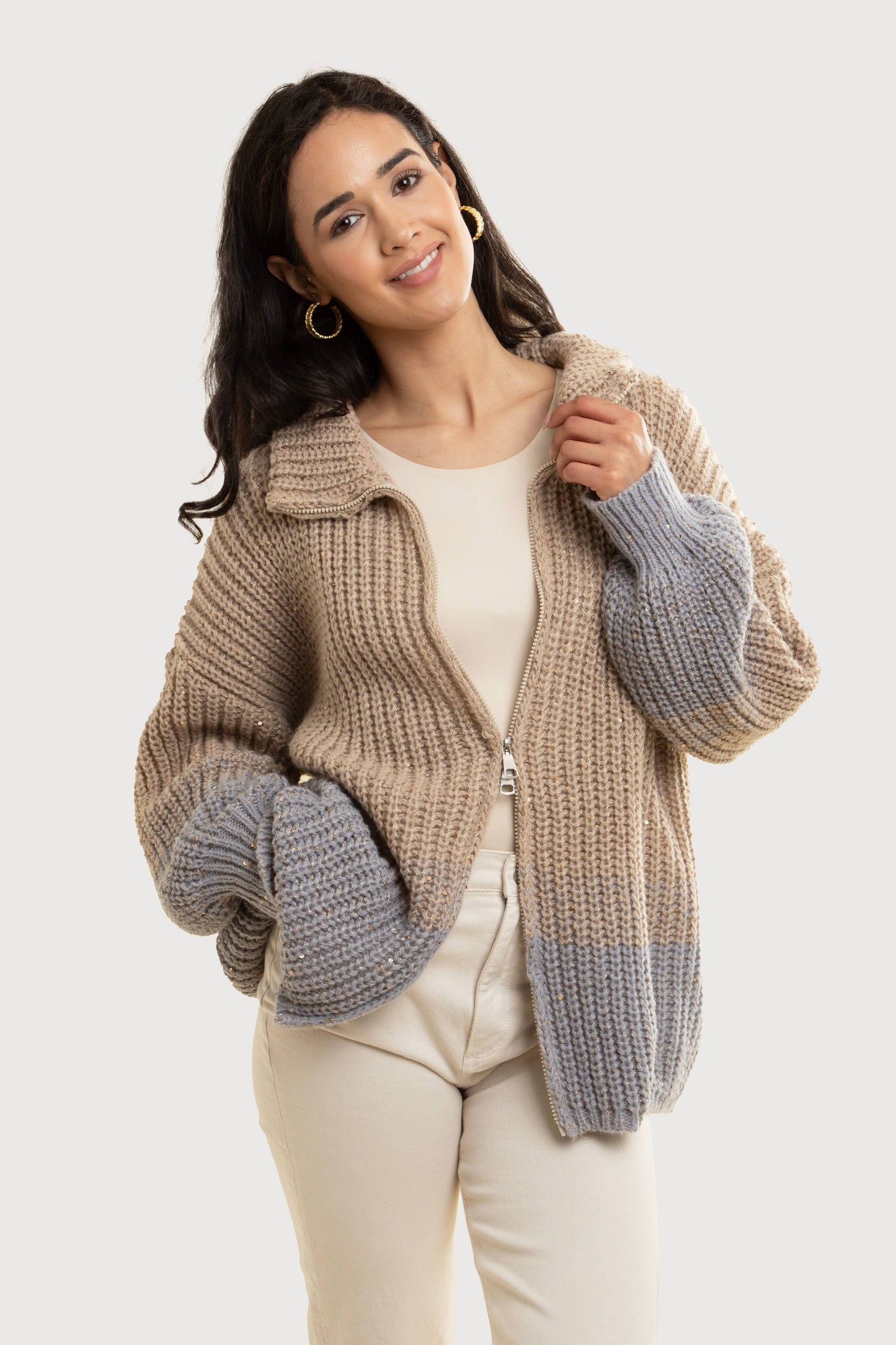 A Zip Up Sequin Cardigan