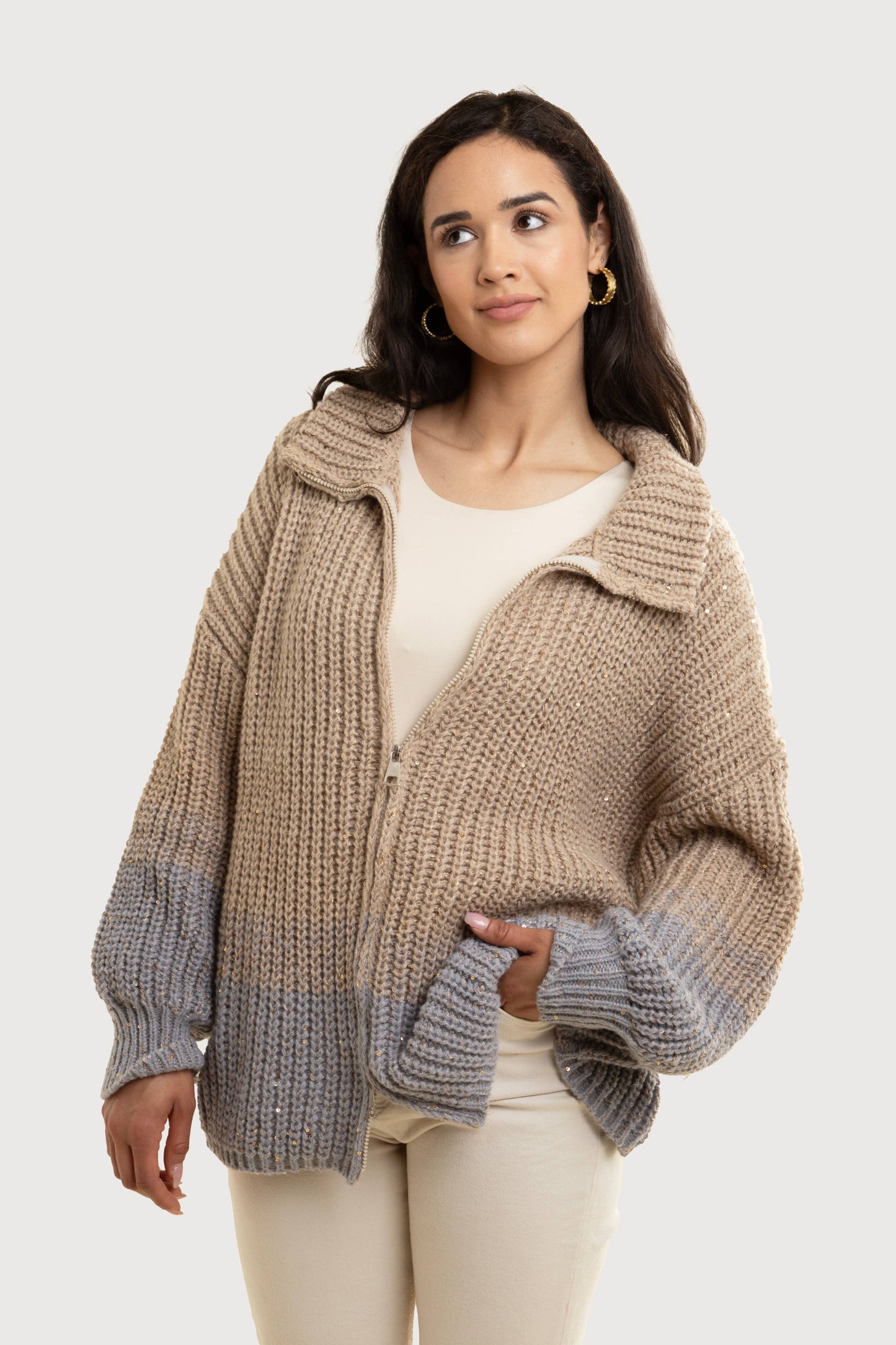 A Zip Up Sequin Cardigan