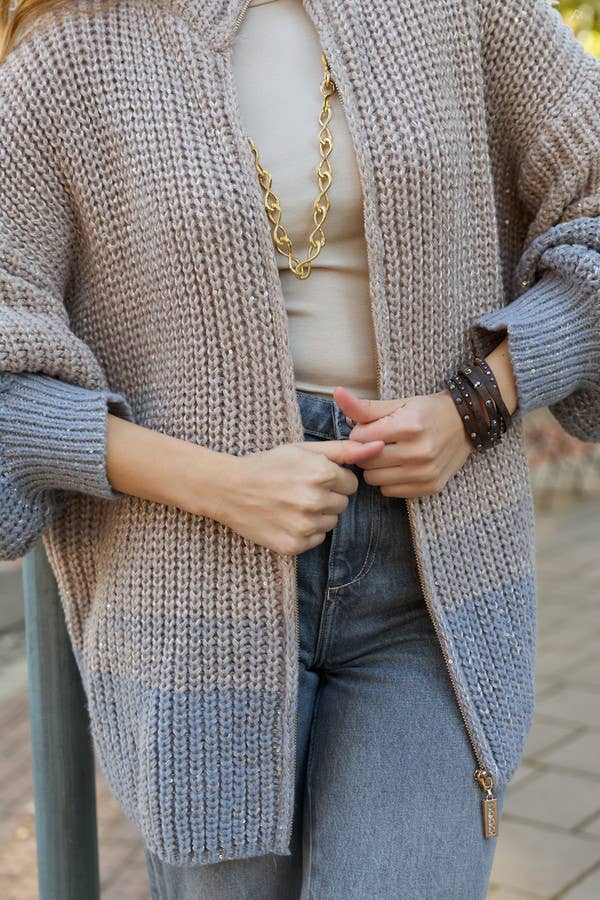 A Zip Up Sequin Cardigan